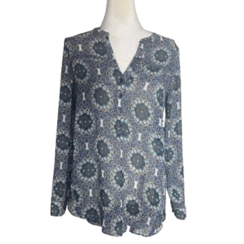 Lucky Brand Sheer Blue V Neck Long Sleeve Pattern Pullover Top Size Small